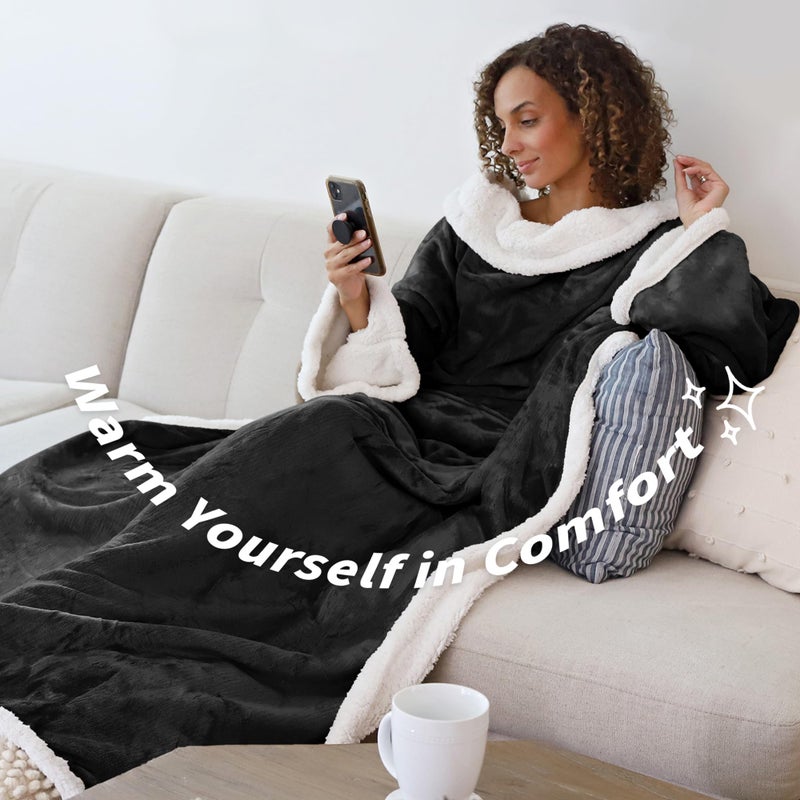 Catalonia Sherpa Wearable Blanket with Sleeves Arms, Comfy Sleeved TV Wrap Blanket, Large Snuggly Throw for Women and Men, Gift for Her - Image 3
